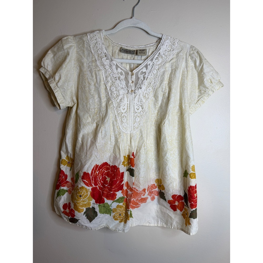 Art and Soul Womens Floral Crochet Lace V-Neck Cotton Blouse Cream Red Large